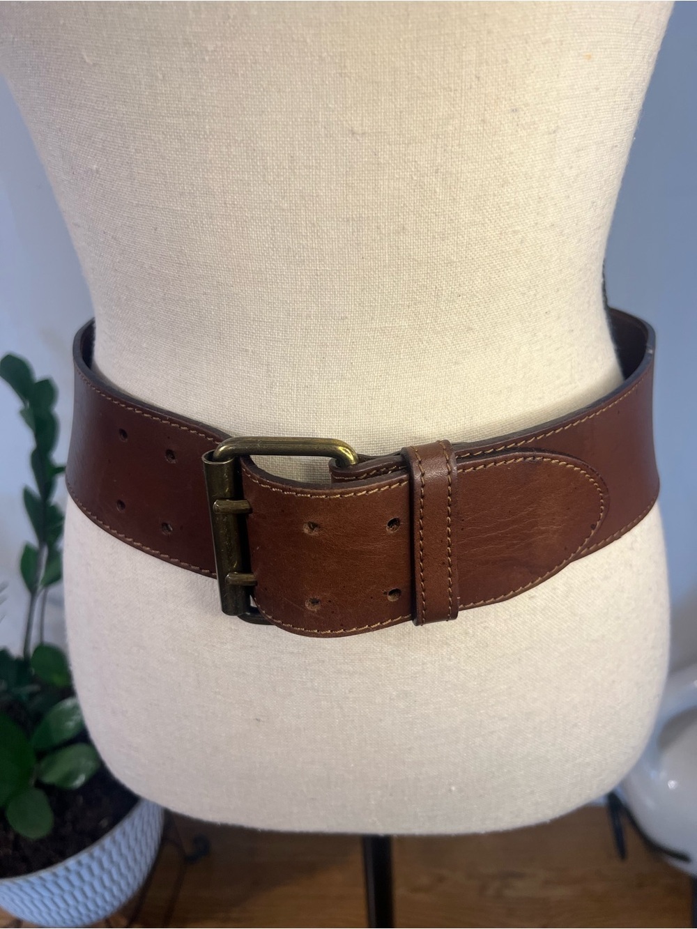 Warehouse Brown Leather Wide Waist Belt with Antique Brass Double-Prong Buckle
